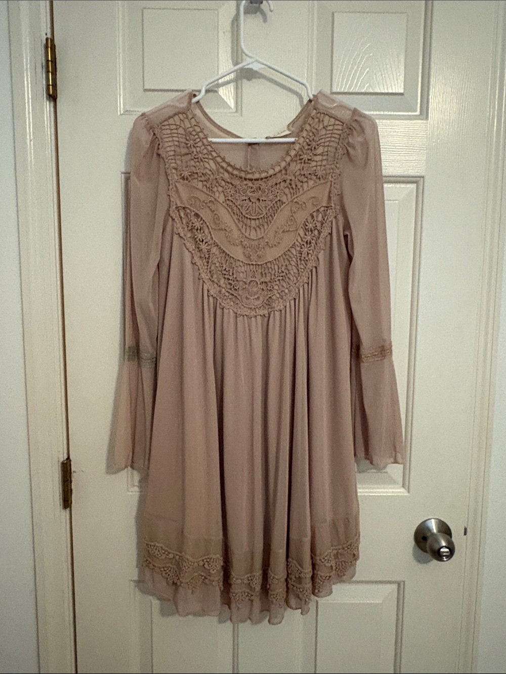 Altar'd State Dusty Taupe Crochet Yoke Long Sleeve Dress